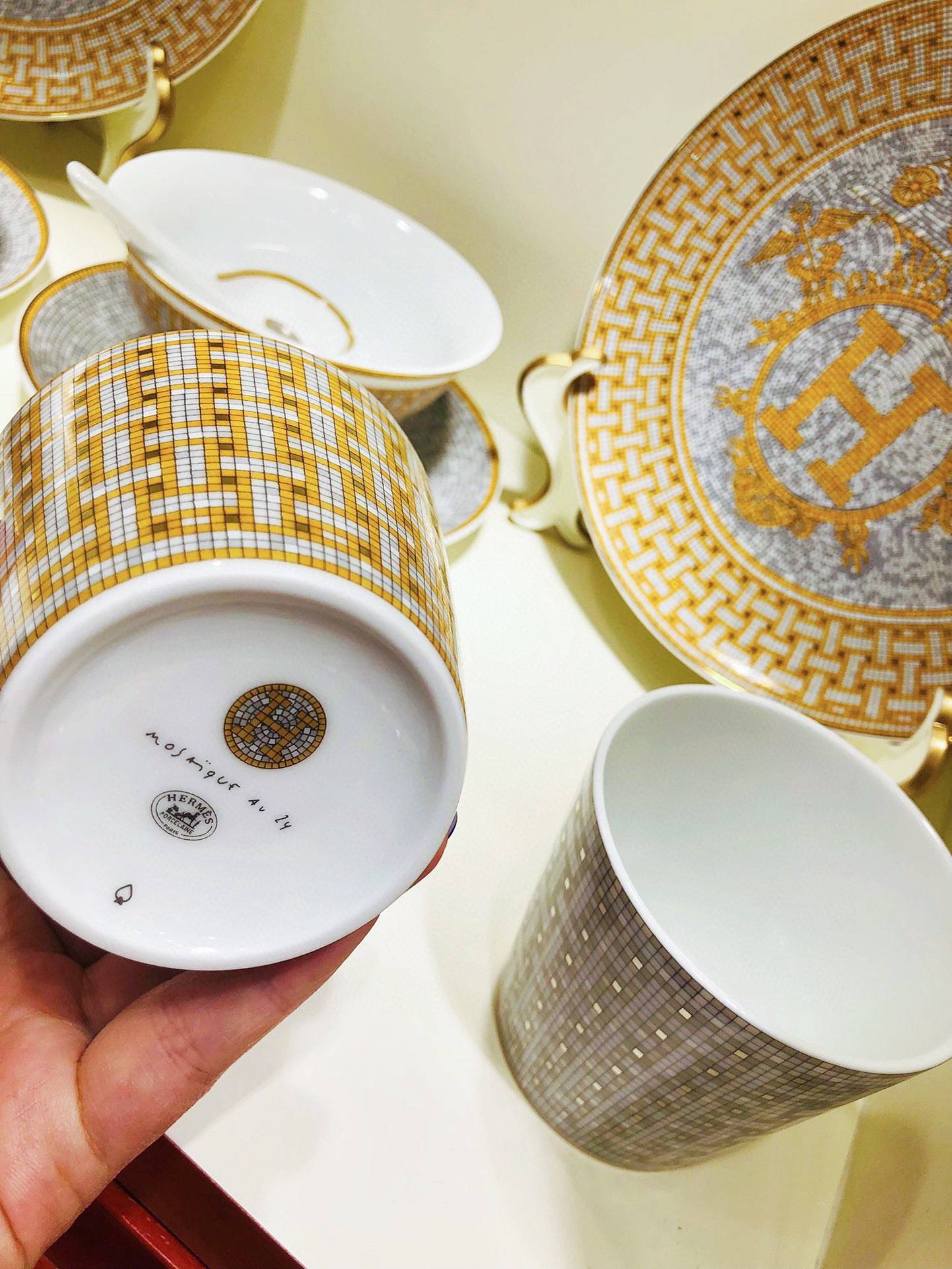 Hermès Mosaique AU 24 Gold Tea Cup and Saucer Set Hermes